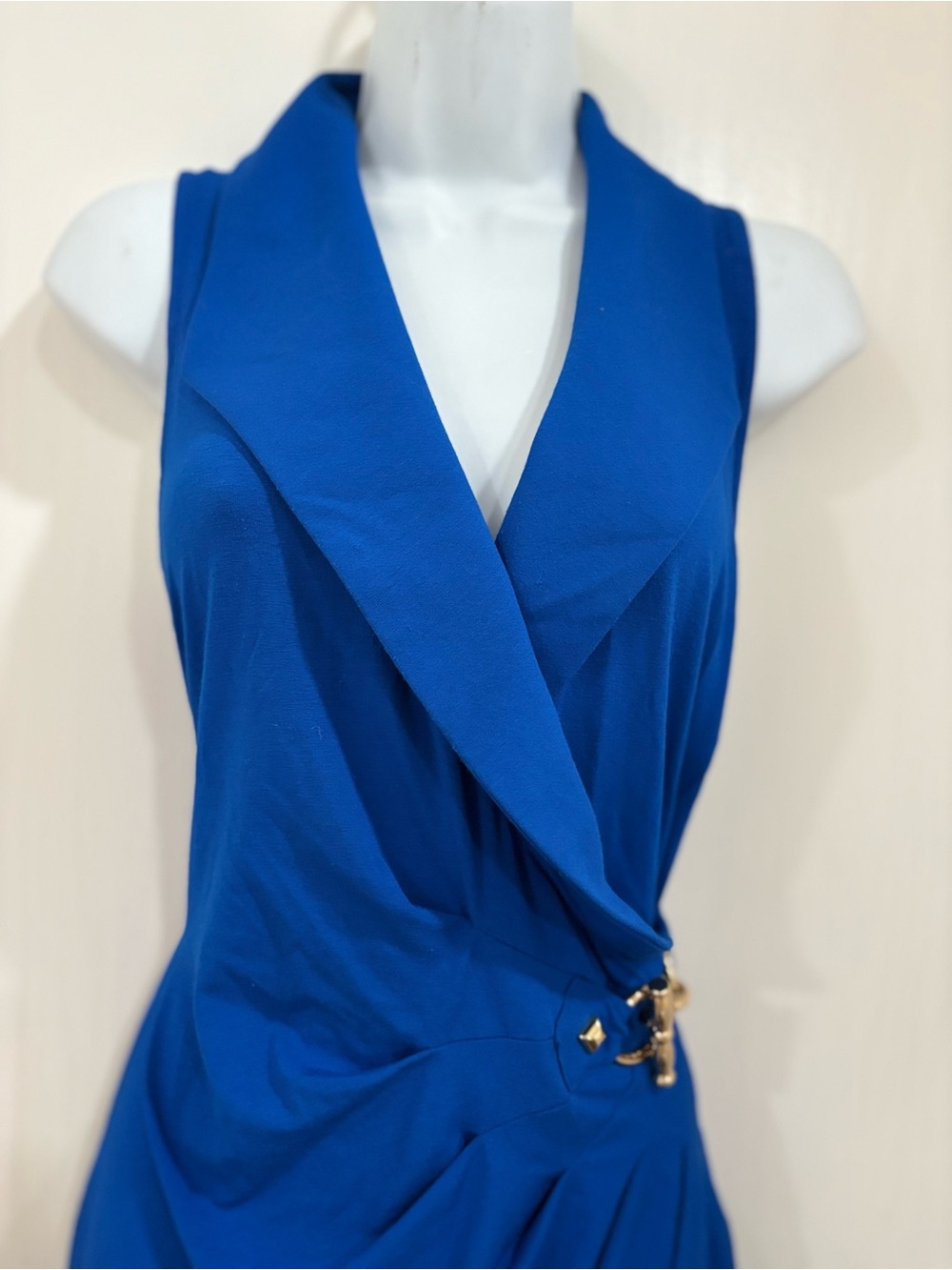 Cache Sleeveless Draped Wrap Dress in Cobalt Blue with Gold Accent - Picture 3 of 6